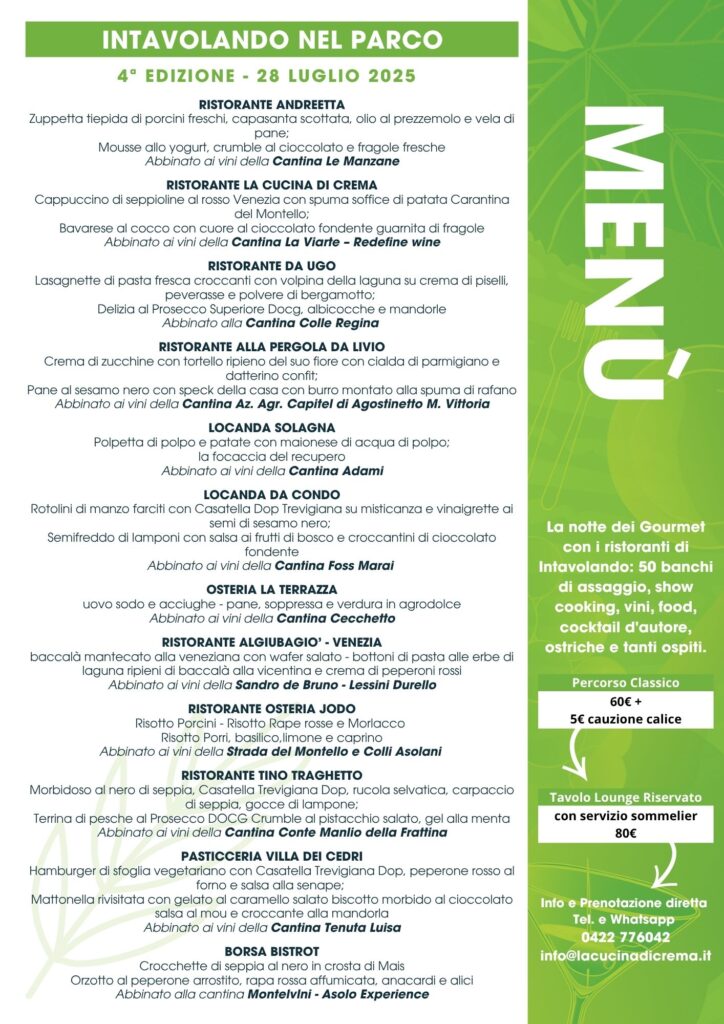 Menu intavolando nel parco 28 luglio 2025 Giavera del Montello (TV)